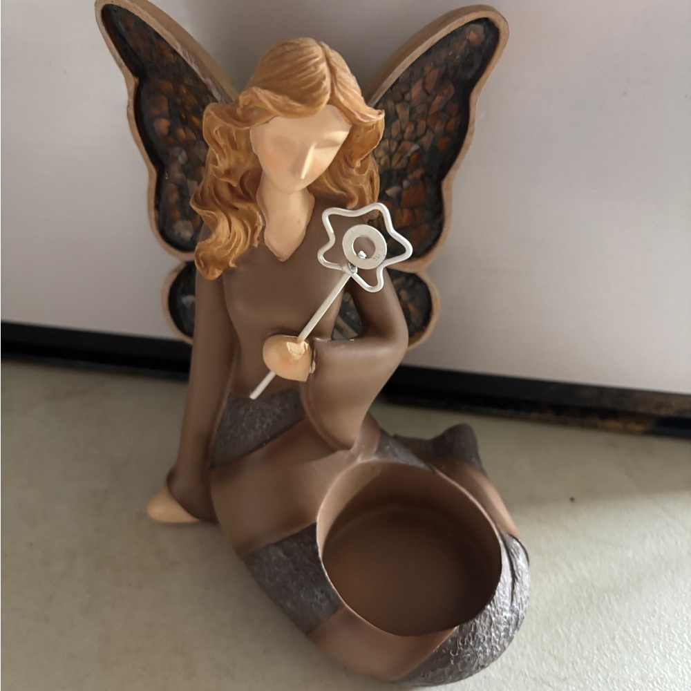 Brown Fairy Figurine Tea Light Candle holder with Wand